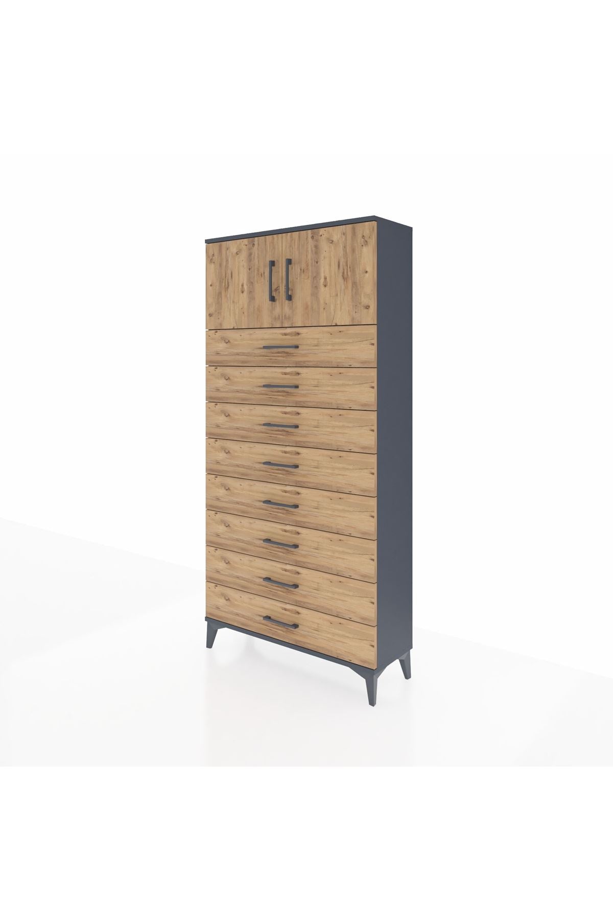 Arges Dolap Tek Raflı 8 Çekmeceli 2 Kapaklı 88x30x182 Antrasit-Çam