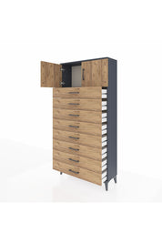 Arges Dolap Tek Raflı 8 Çekmeceli 2 Kapaklı 88x30x182 Antrasit-Çam