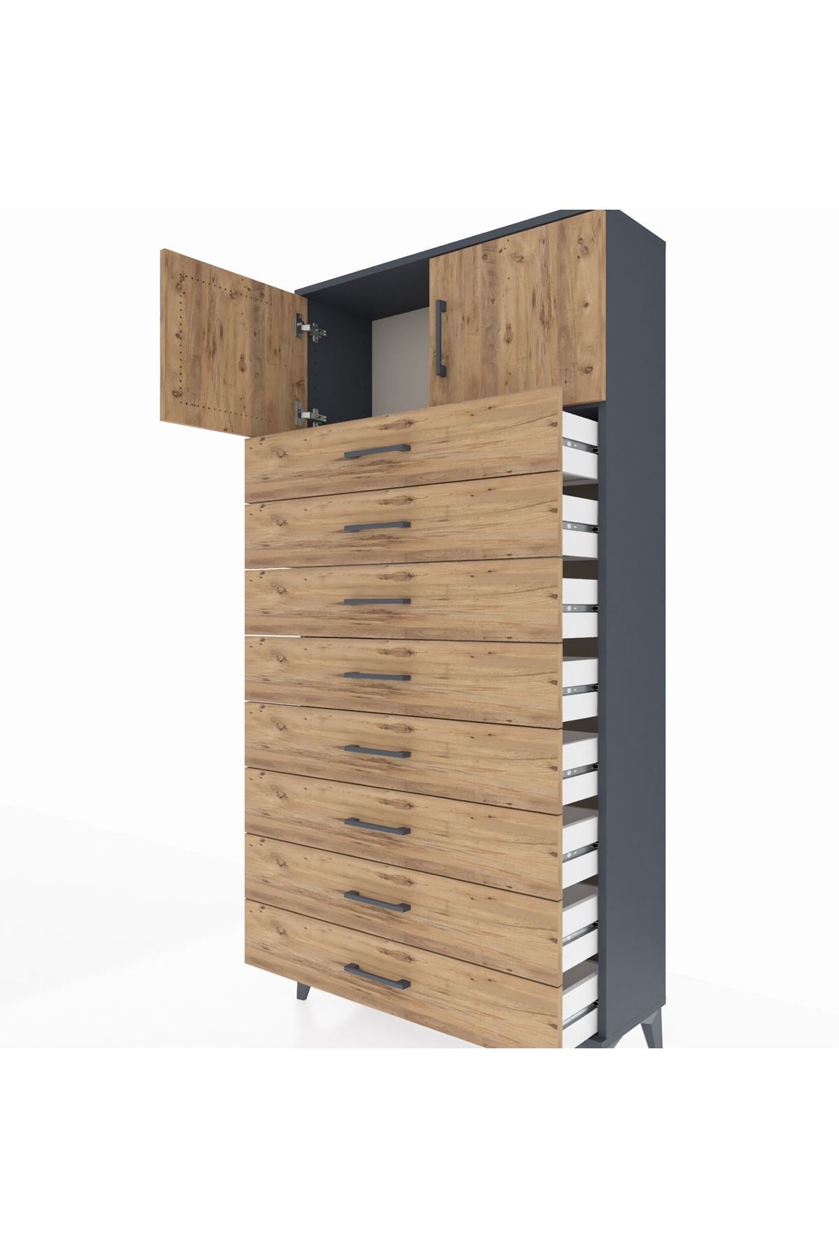 Arges Dolap Tek Raflı 8 Çekmeceli 2 Kapaklı 88x30x182 Antrasit-Çam