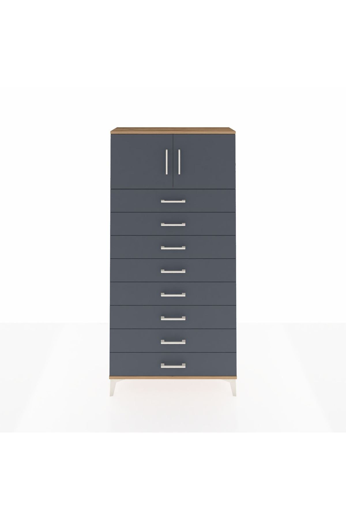 Arges Dolap Tek Raflı 8 Çekmeceli 2 Kapaklı 88x30x182 Çam-Antrasit