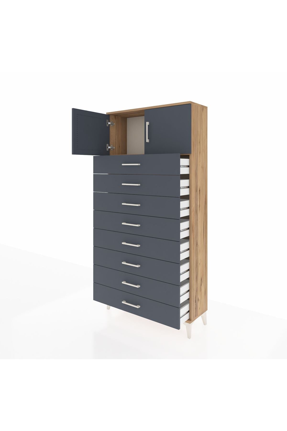 Arges Dolap Tek Raflı 8 Çekmeceli 2 Kapaklı 88x30x182 Çam-Antrasit