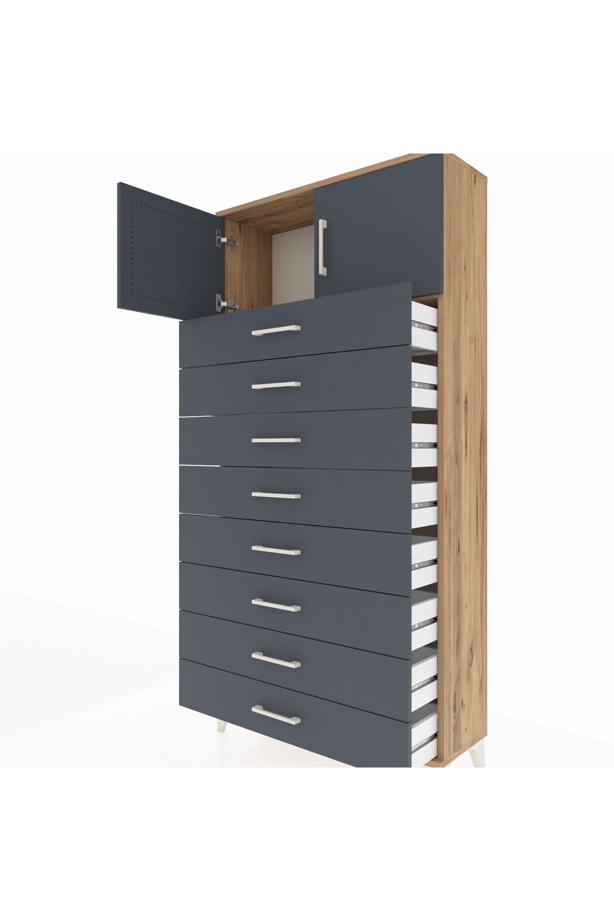 Arges Dolap Tek Raflı 8 Çekmeceli 2 Kapaklı 88x30x182 Çam-Antrasit