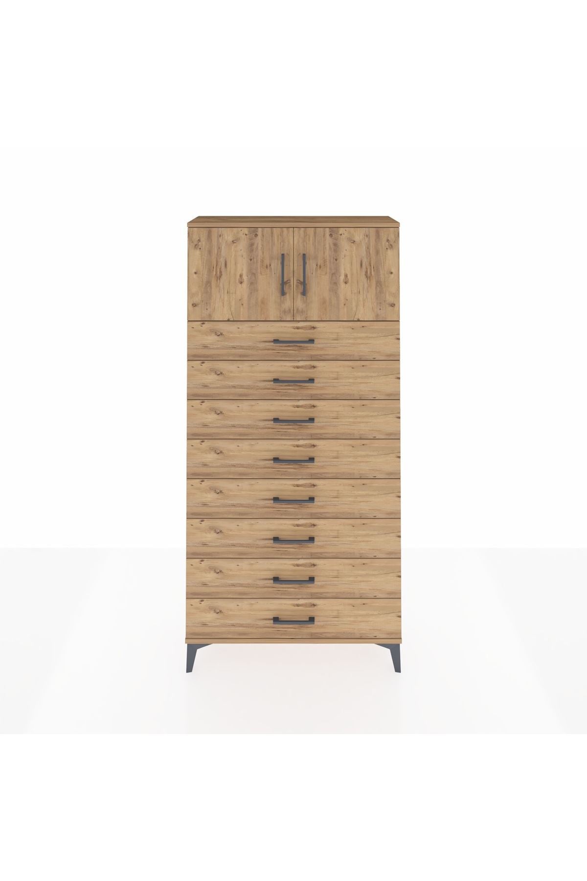 Arges Dolap Tek Raflı 8 Çekmeceli 2 Kapaklı 88x30x182 Çam-Çam