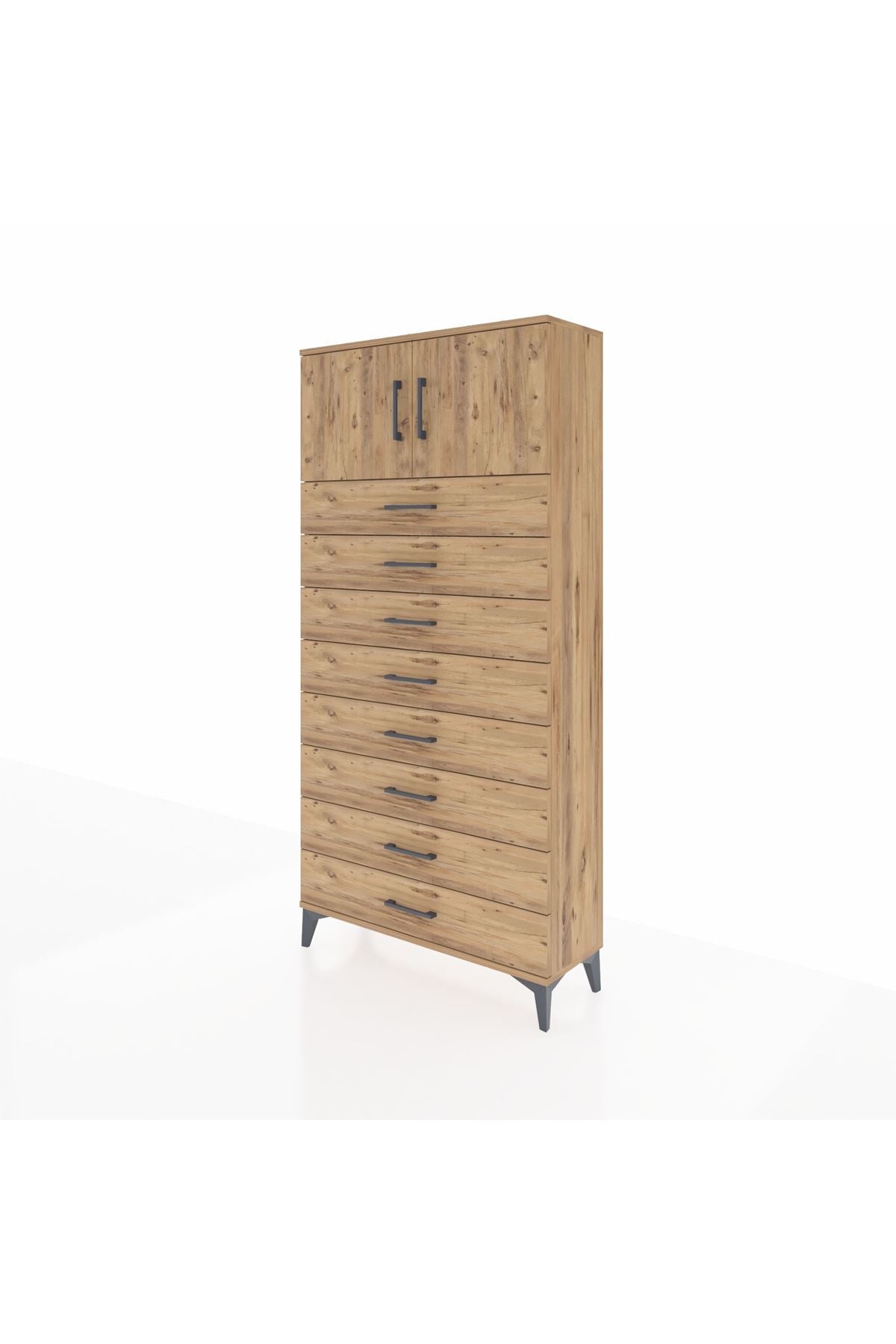 Arges Dolap Tek Raflı 8 Çekmeceli 2 Kapaklı 88x30x182 Çam-Çam