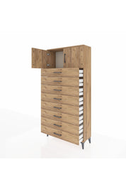 Arges Dolap Tek Raflı 8 Çekmeceli 2 Kapaklı 88x30x182 Çam-Çam