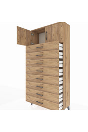 Arges Dolap Tek Raflı 8 Çekmeceli 2 Kapaklı 88x30x182 Çam-Çam