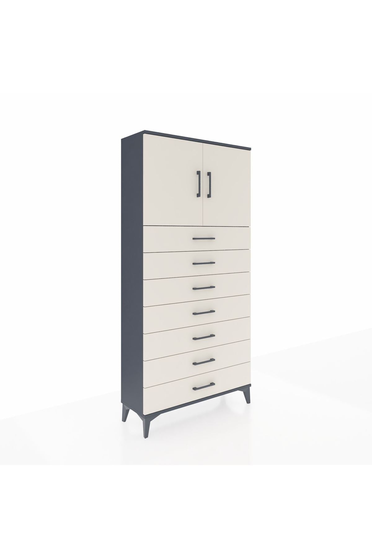 Arges Dolap 2 Raflı 7 Çekmeceli 2 Kapaklı 88x30x182 Antrasit-Aytaşı