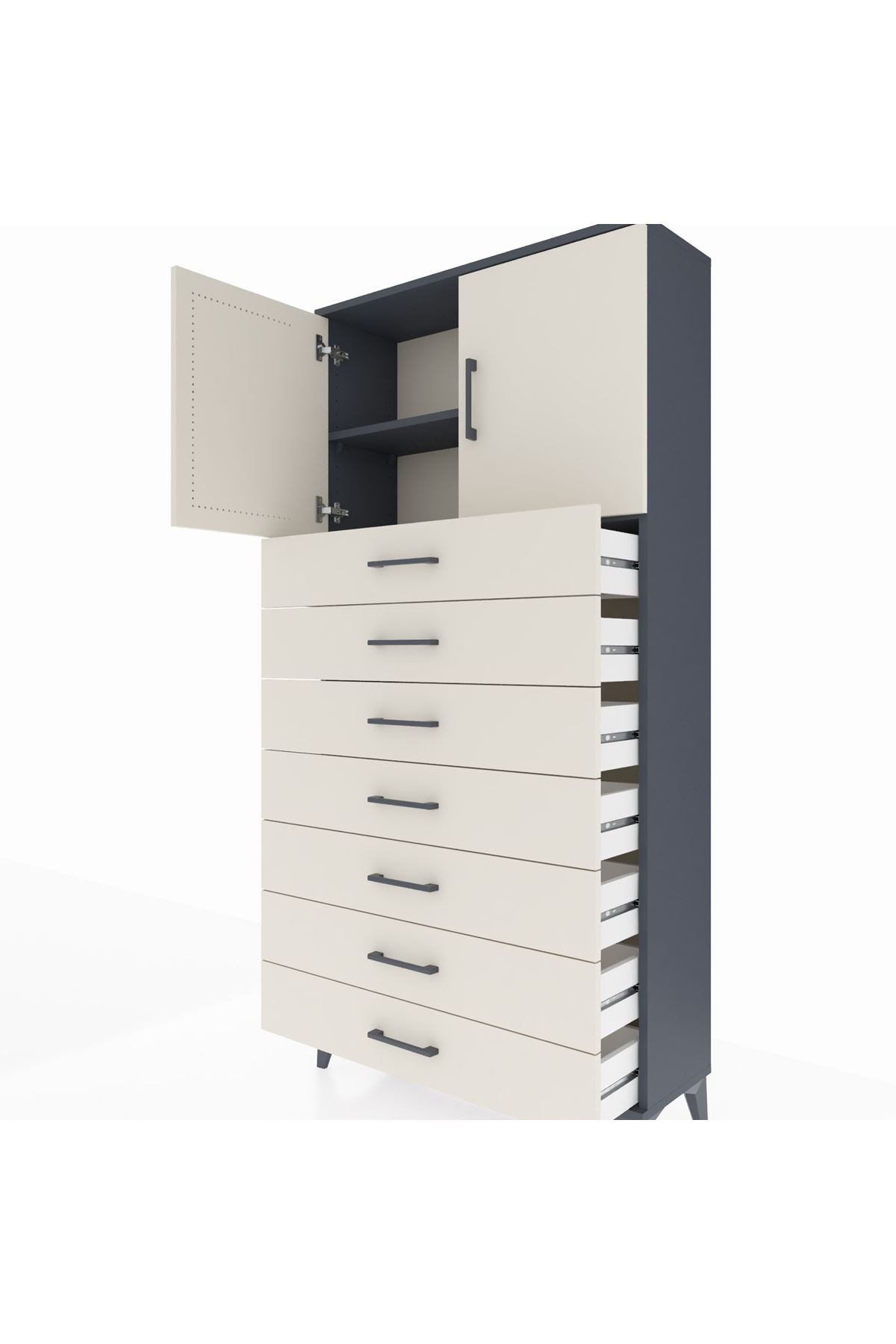 Arges Dolap 2 Raflı 7 Çekmeceli 2 Kapaklı 88x30x182 Antrasit-Aytaşı