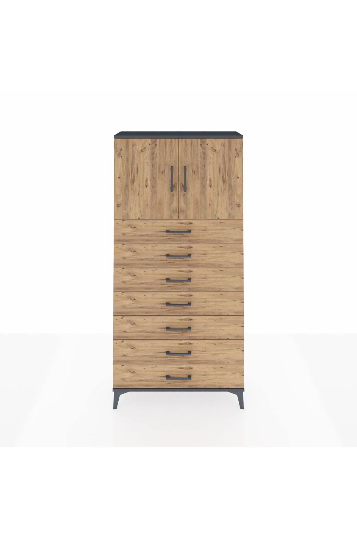 Arges Dolap 2 Raflı 7 Çekmeceli 2 Kapaklı 88x30x182 Antrasit-Çam