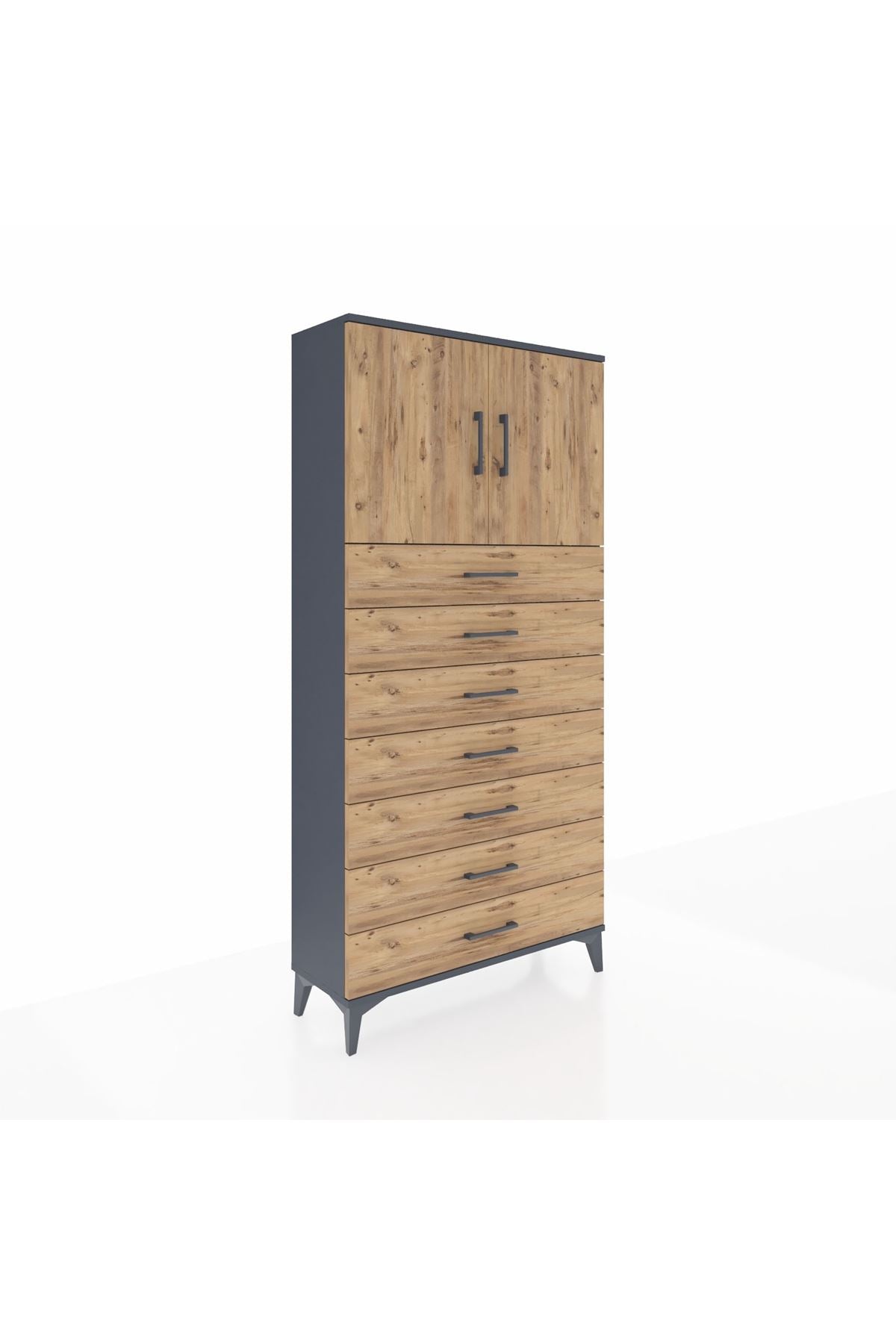 Arges Dolap 2 Raflı 7 Çekmeceli 2 Kapaklı 88x30x182 Antrasit-Çam