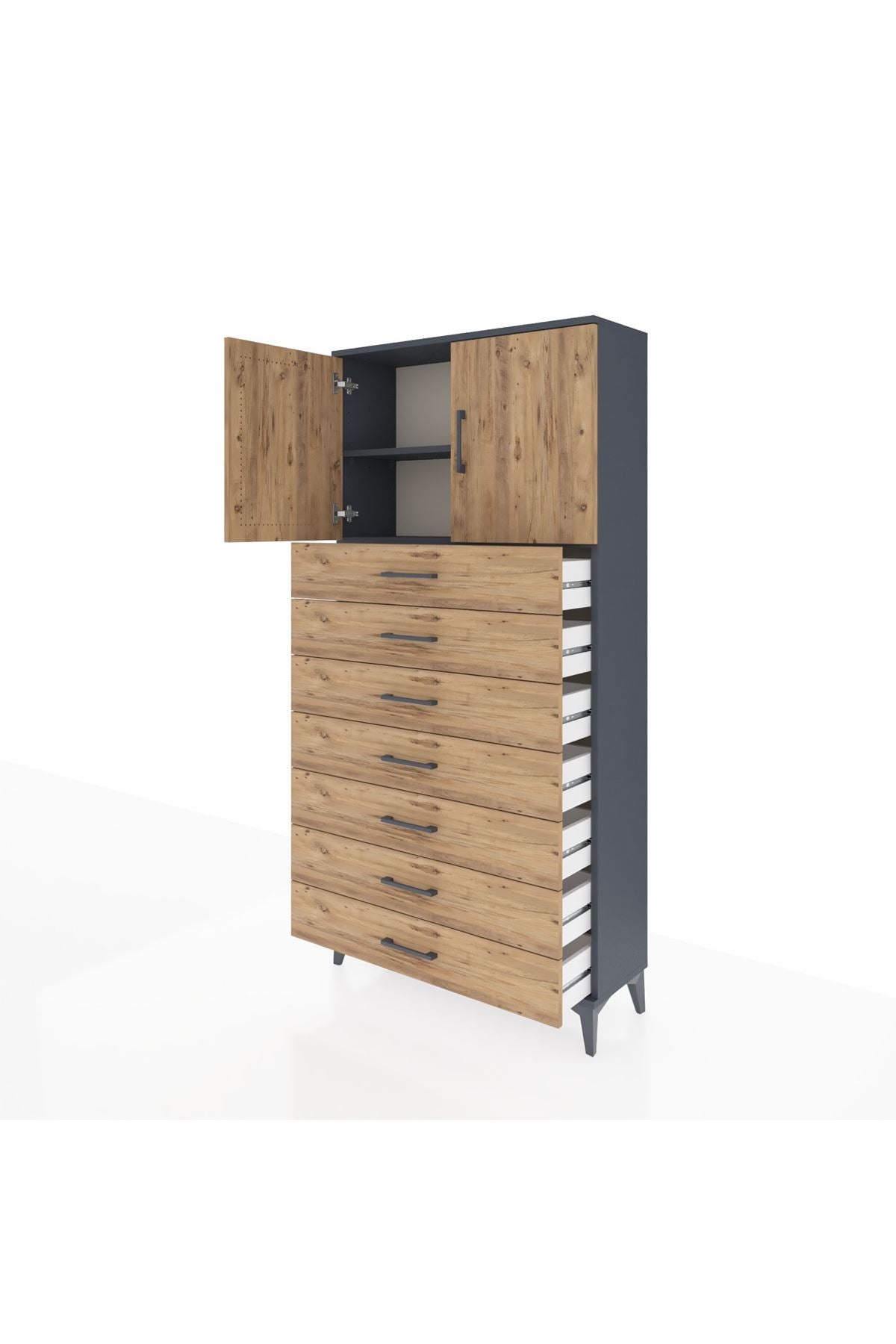 Arges Dolap 2 Raflı 7 Çekmeceli 2 Kapaklı 88x30x182 Antrasit-Çam