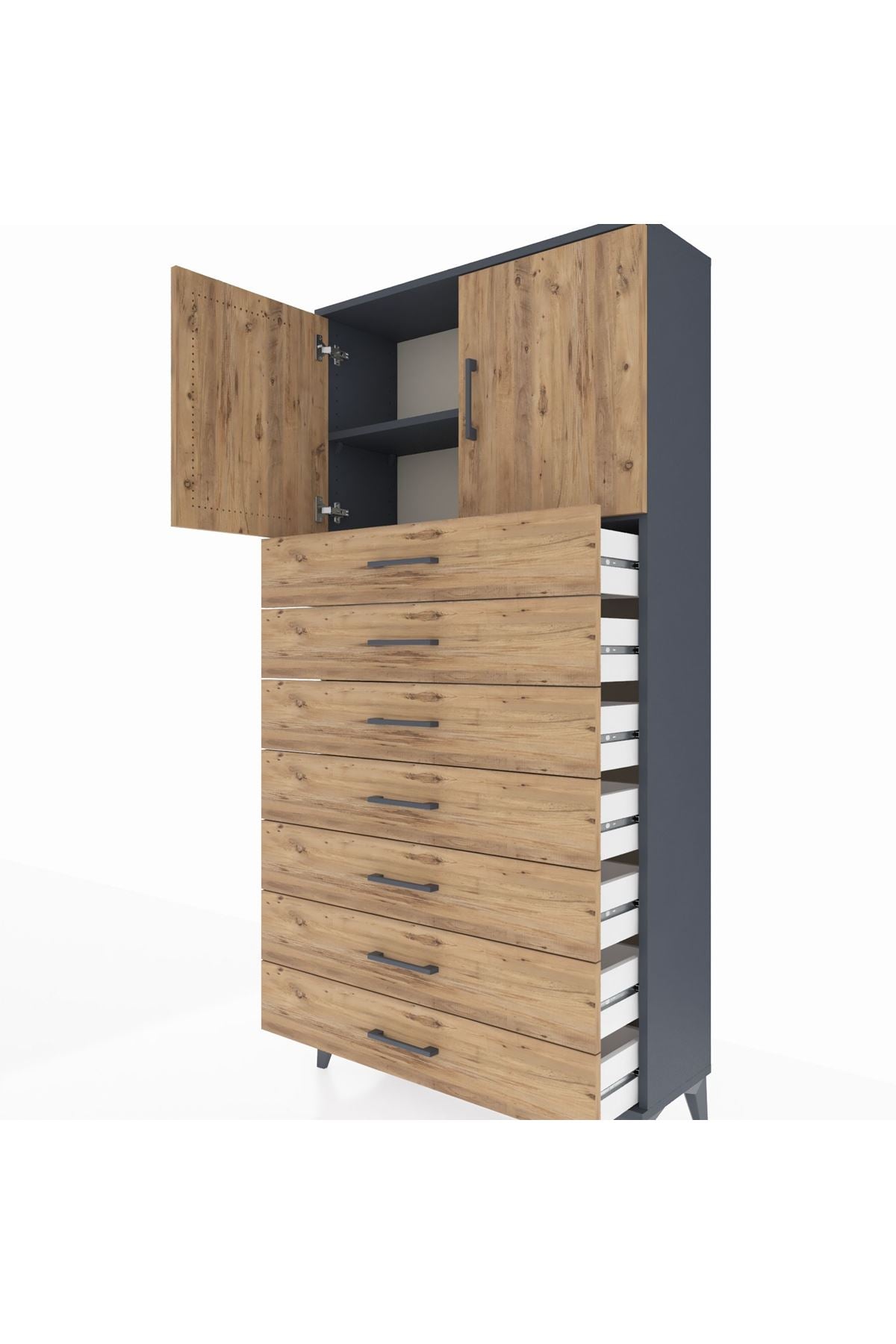 Arges Dolap 2 Raflı 7 Çekmeceli 2 Kapaklı 88x30x182 Antrasit-Çam