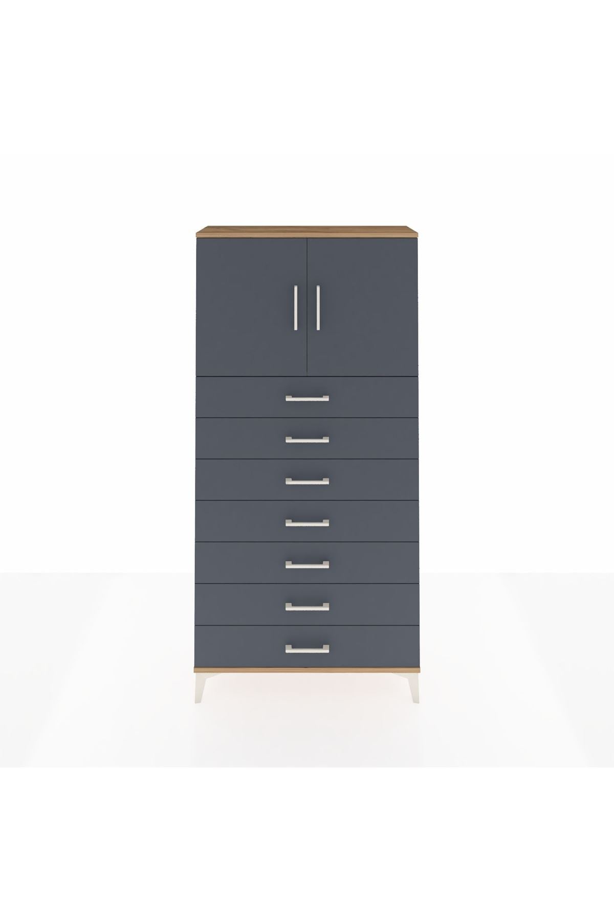 Arges Dolap 2 Raflı 7 Çekmeceli 2 Kapaklı 88x30x182 Çam-Antrasit