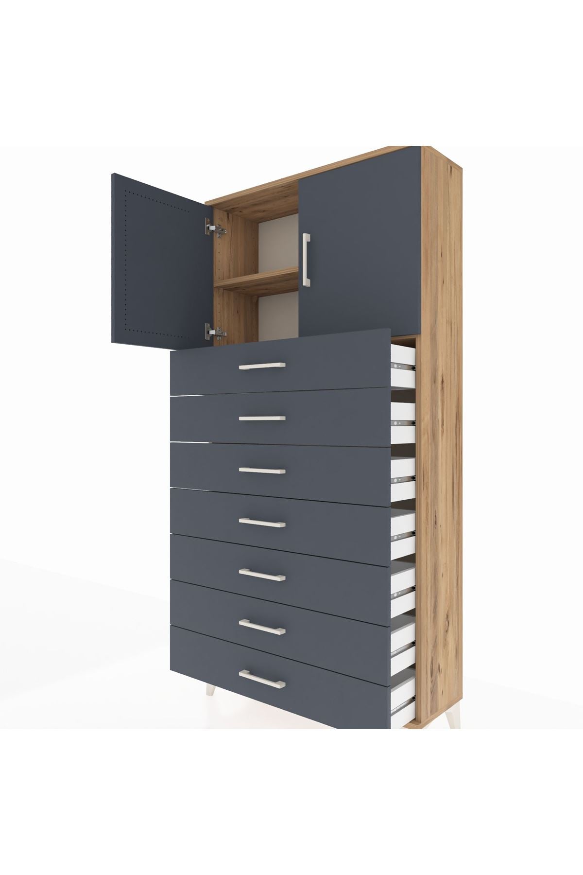 Arges Dolap 2 Raflı 7 Çekmeceli 2 Kapaklı 88x30x182 Çam-Antrasit