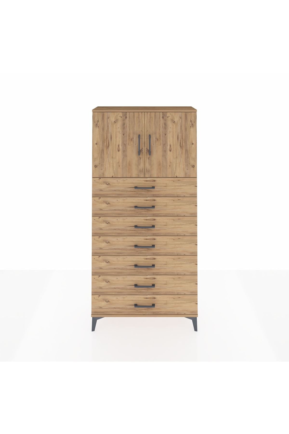 Arges Dolap 2 Raflı 7 Çekmeceli 2 Kapaklı 88x30x182 Çam-Çam