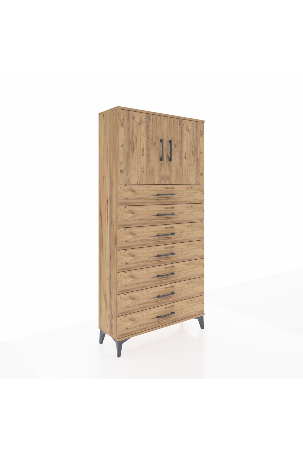 Arges Dolap 2 Raflı 7 Çekmeceli 2 Kapaklı 88x30x182 Çam-Çam