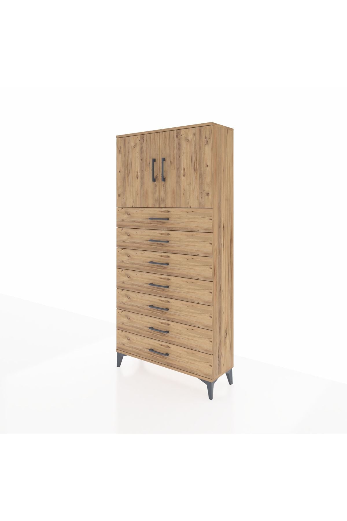 Arges Dolap 2 Raflı 7 Çekmeceli 2 Kapaklı 88x30x182 Çam-Çam