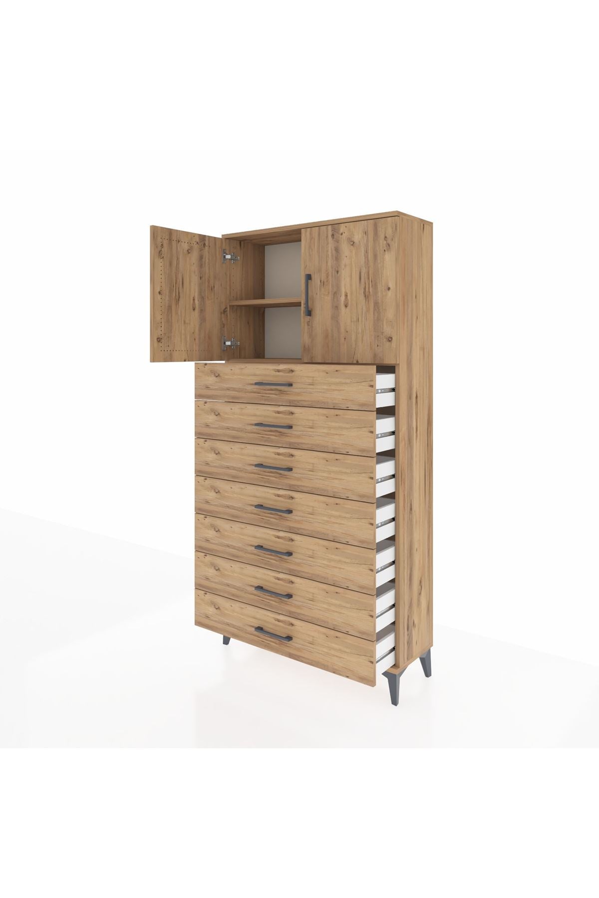 Arges Dolap 2 Raflı 7 Çekmeceli 2 Kapaklı 88x30x182 Çam-Çam