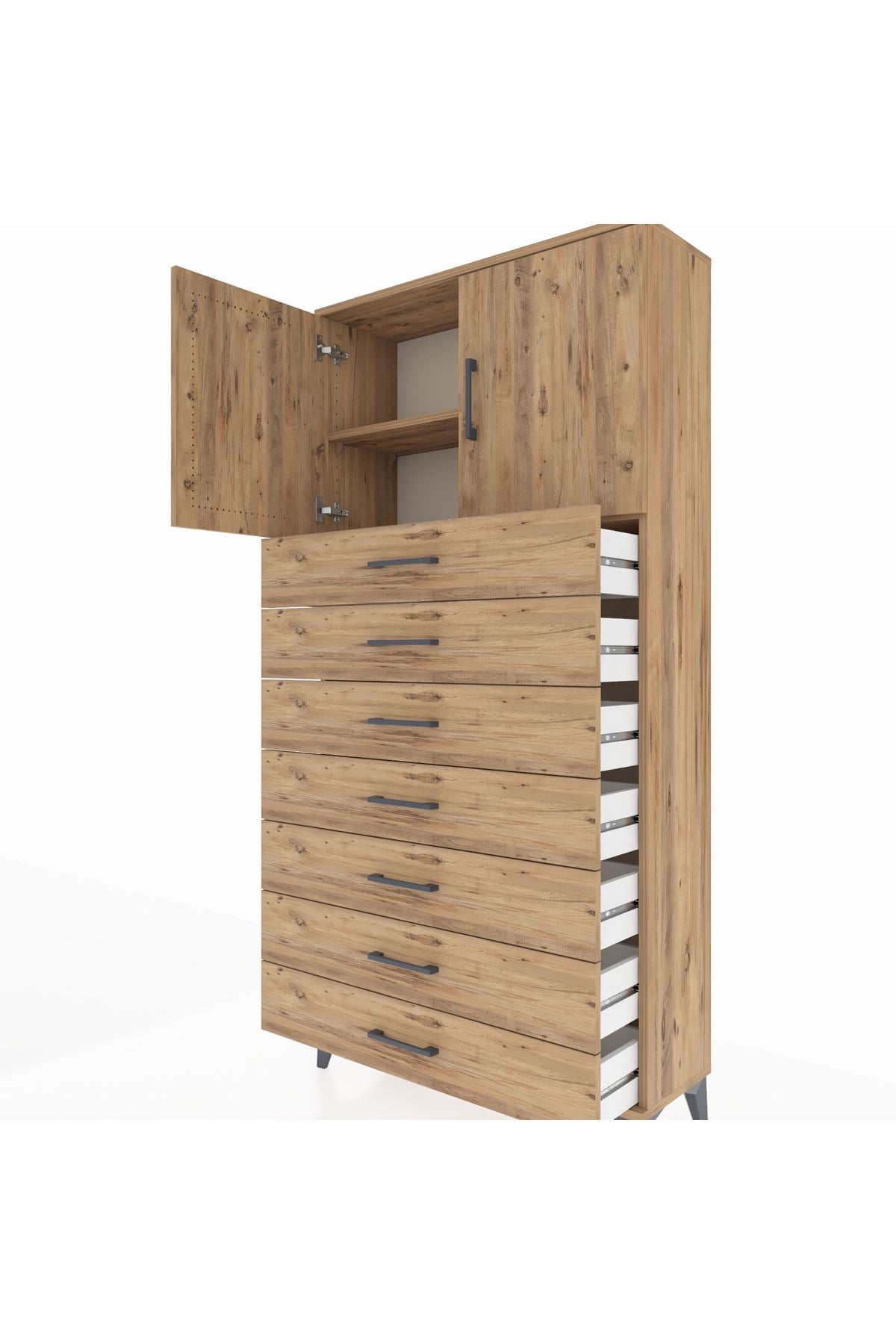 Arges Dolap 2 Raflı 7 Çekmeceli 2 Kapaklı 88x30x182 Çam-Çam