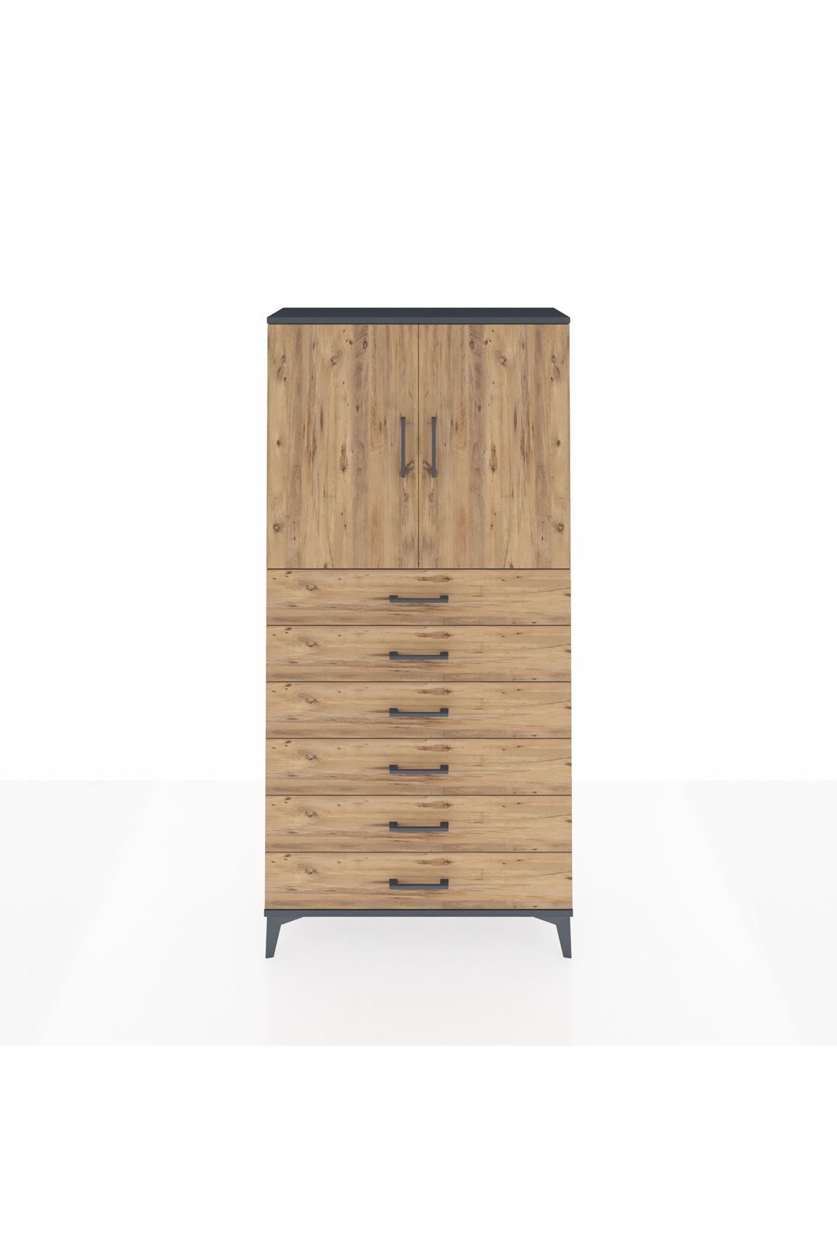 Arges Dolap 2 Raflı 6 Çekmeceli 2 Kapaklı 88x30x182 Antrasit-Çam