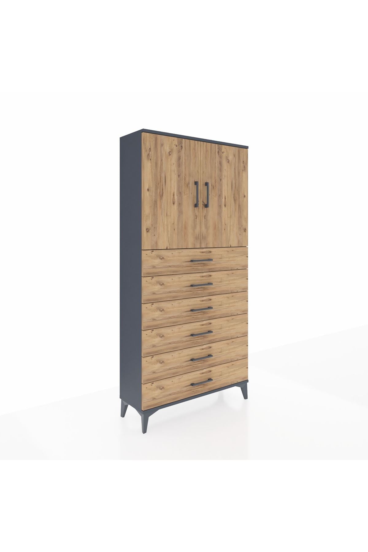 Arges Dolap 2 Raflı 6 Çekmeceli 2 Kapaklı 88x30x182 Antrasit-Çam