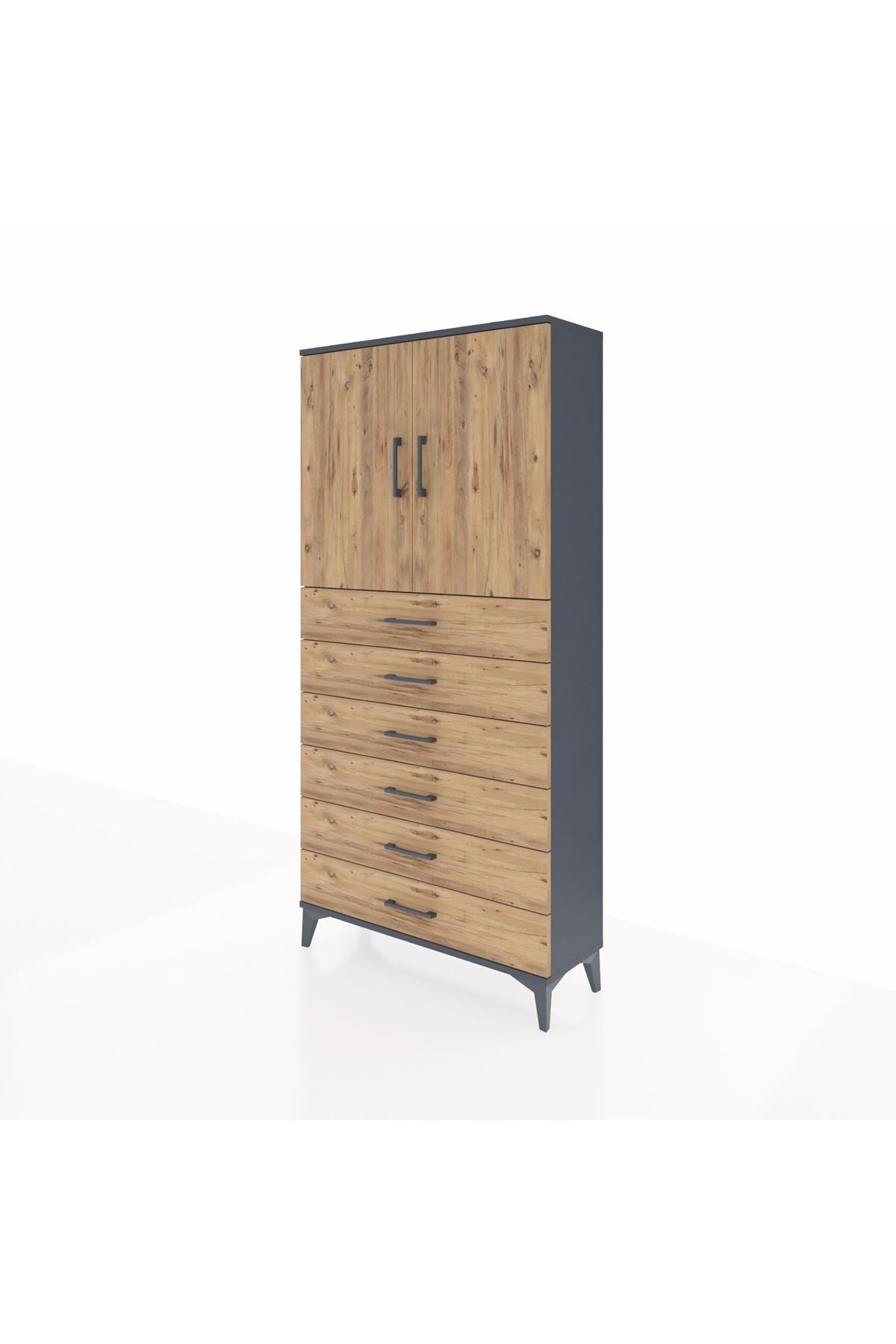 Arges Dolap 2 Raflı 6 Çekmeceli 2 Kapaklı 88x30x182 Antrasit-Çam