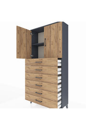 Arges Dolap 2 Raflı 6 Çekmeceli 2 Kapaklı 88x30x182 Antrasit-Çam