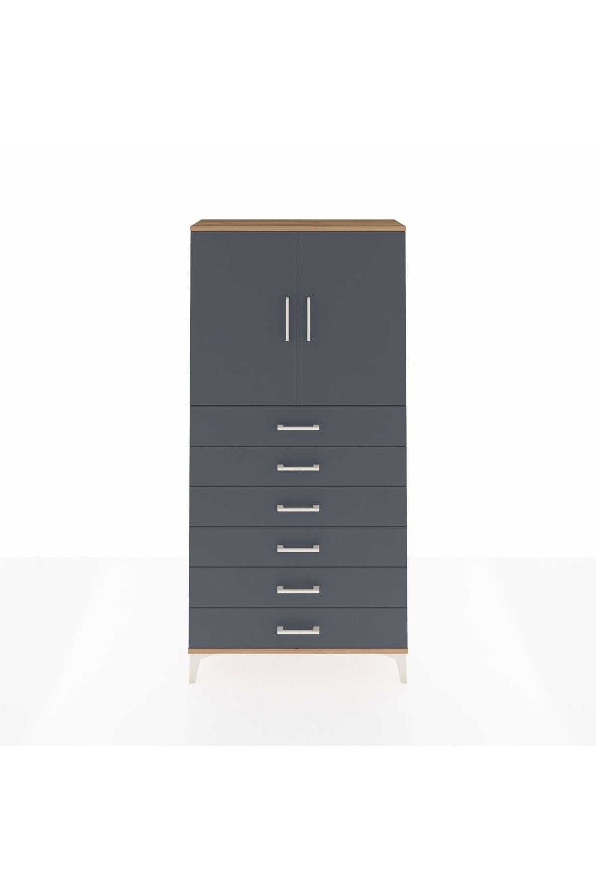 Arges Dolap 2 Raflı 6 Çekmeceli 2 Kapaklı 88x30x182 Çam-Antrasit