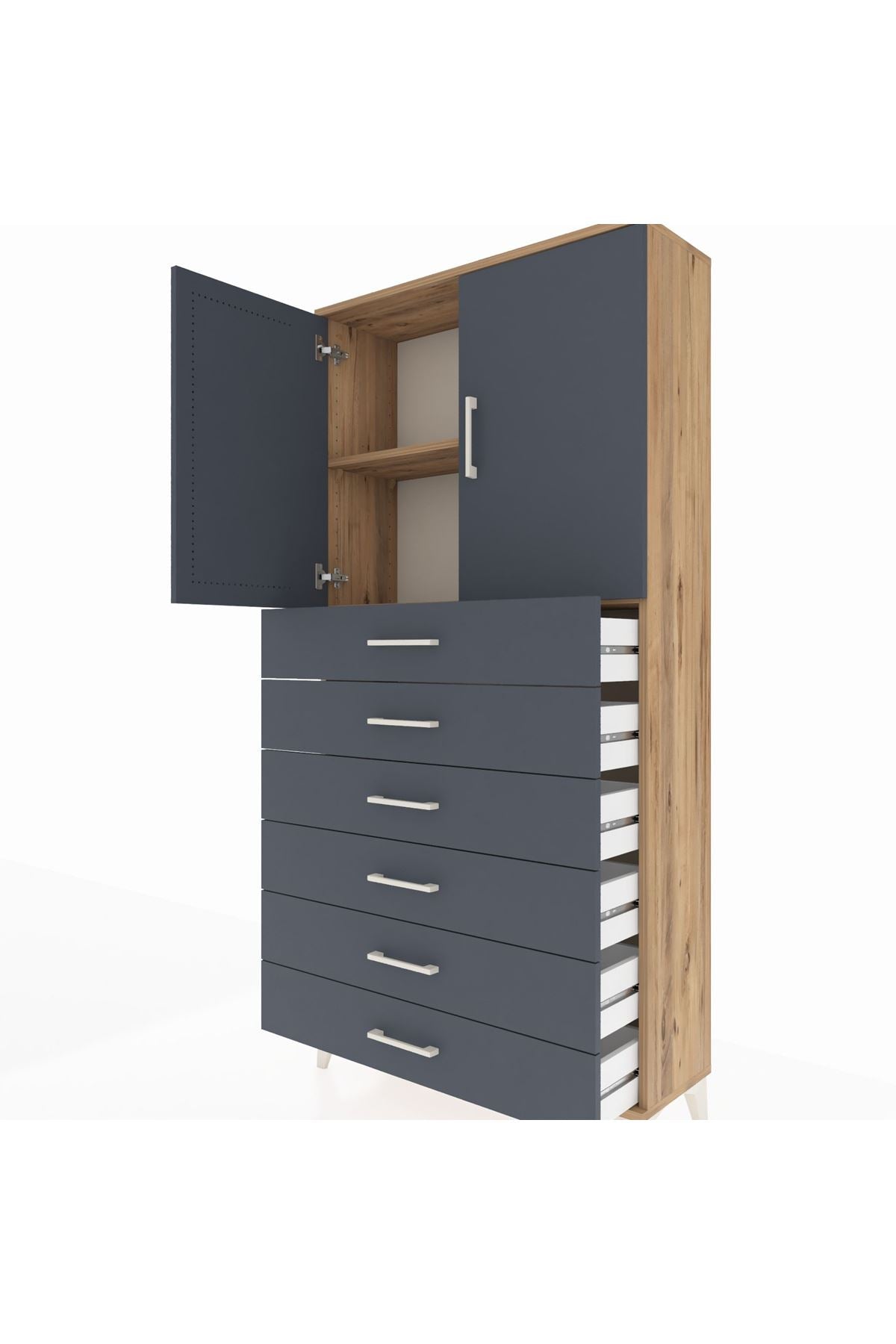 Arges Dolap 2 Raflı 6 Çekmeceli 2 Kapaklı 88x30x182 Çam-Antrasit