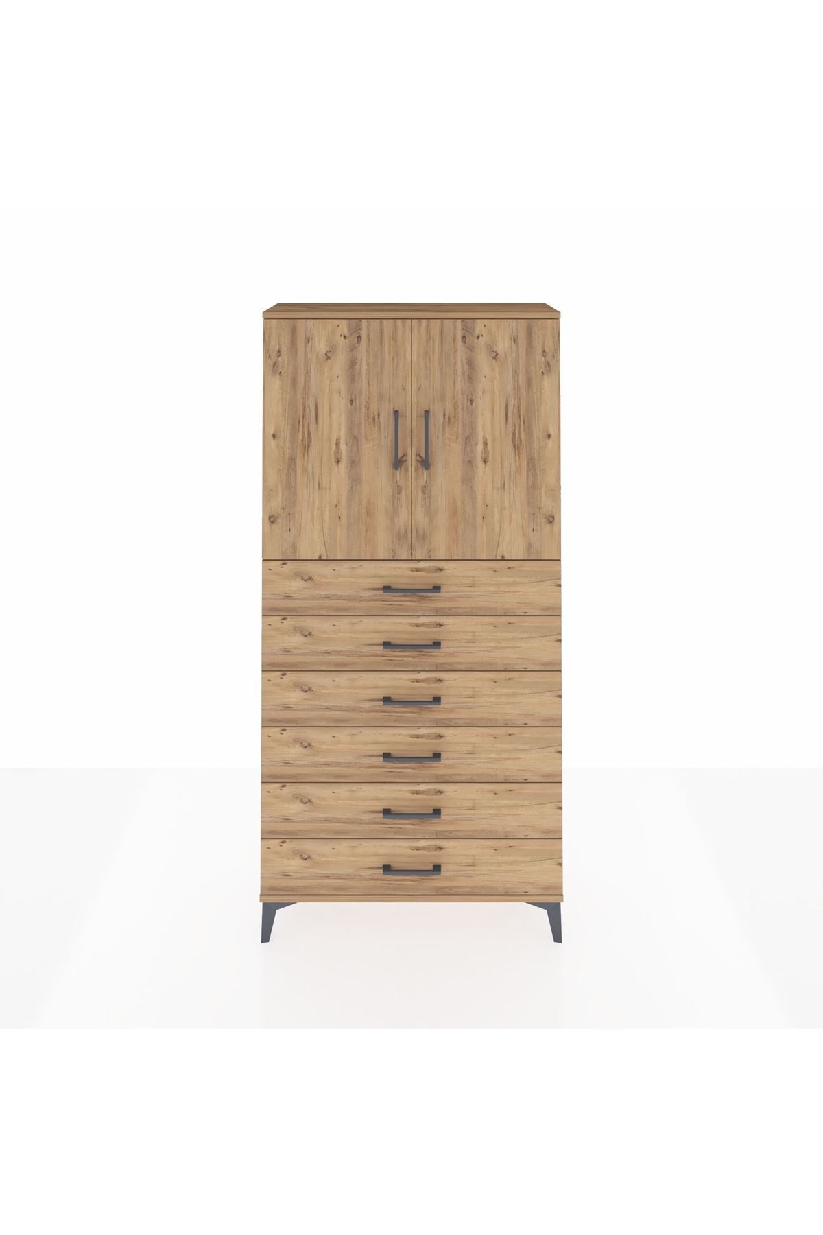 Arges Dolap 2 Raflı 6 Çekmeceli 2 Kapaklı 88x30x182 Çam-Çam