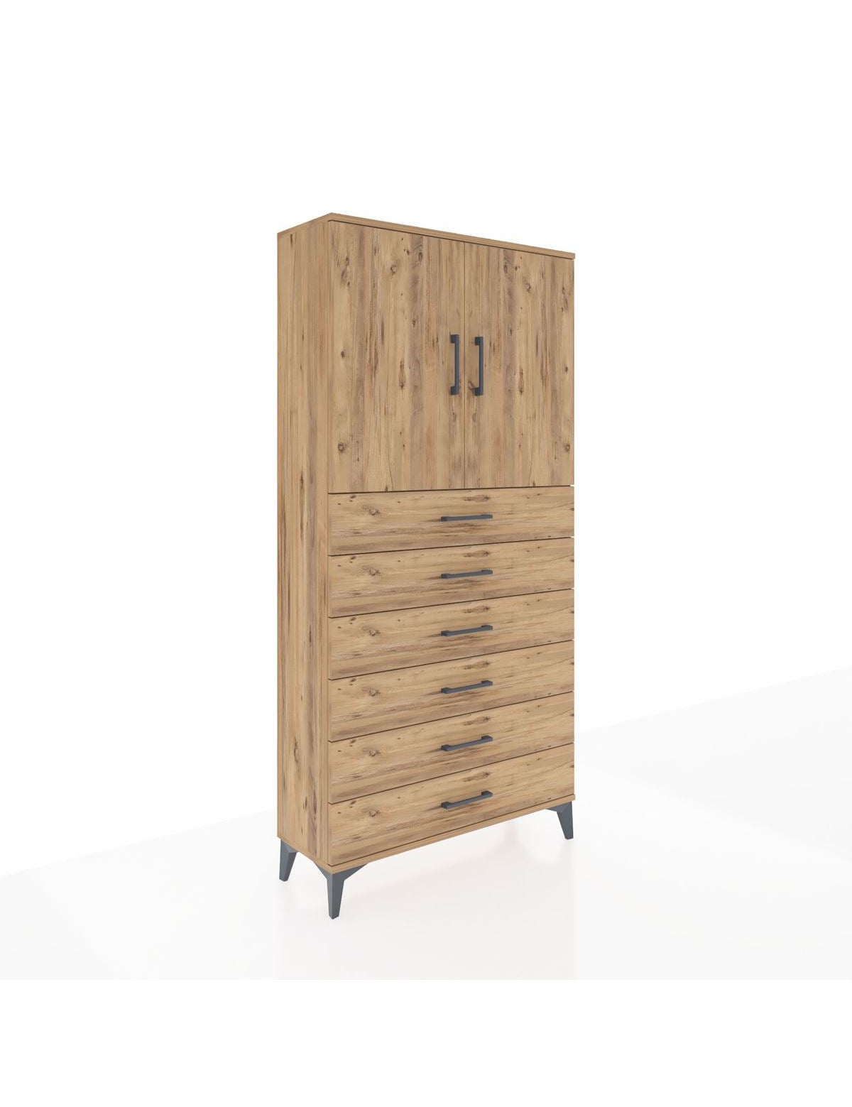 Arges Dolap 2 Raflı 6 Çekmeceli 2 Kapaklı 88x30x182 Çam-Çam