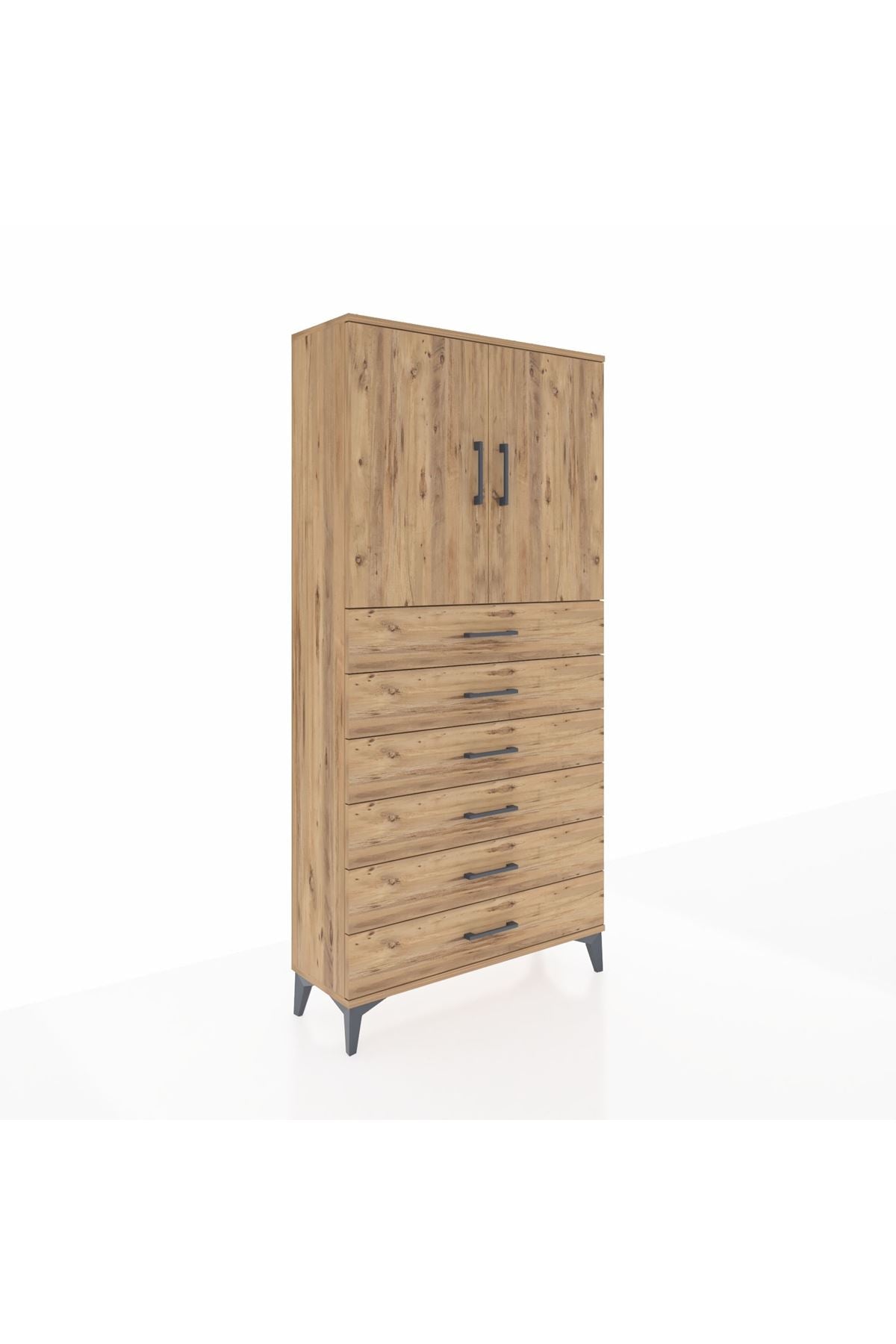 Arges Dolap 2 Raflı 6 Çekmeceli 2 Kapaklı 88x30x182 Çam-Çam