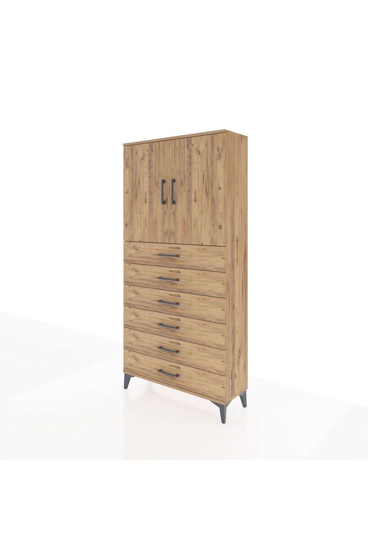 Arges Dolap 2 Raflı 6 Çekmeceli 2 Kapaklı 88x30x182 Çam-Çam