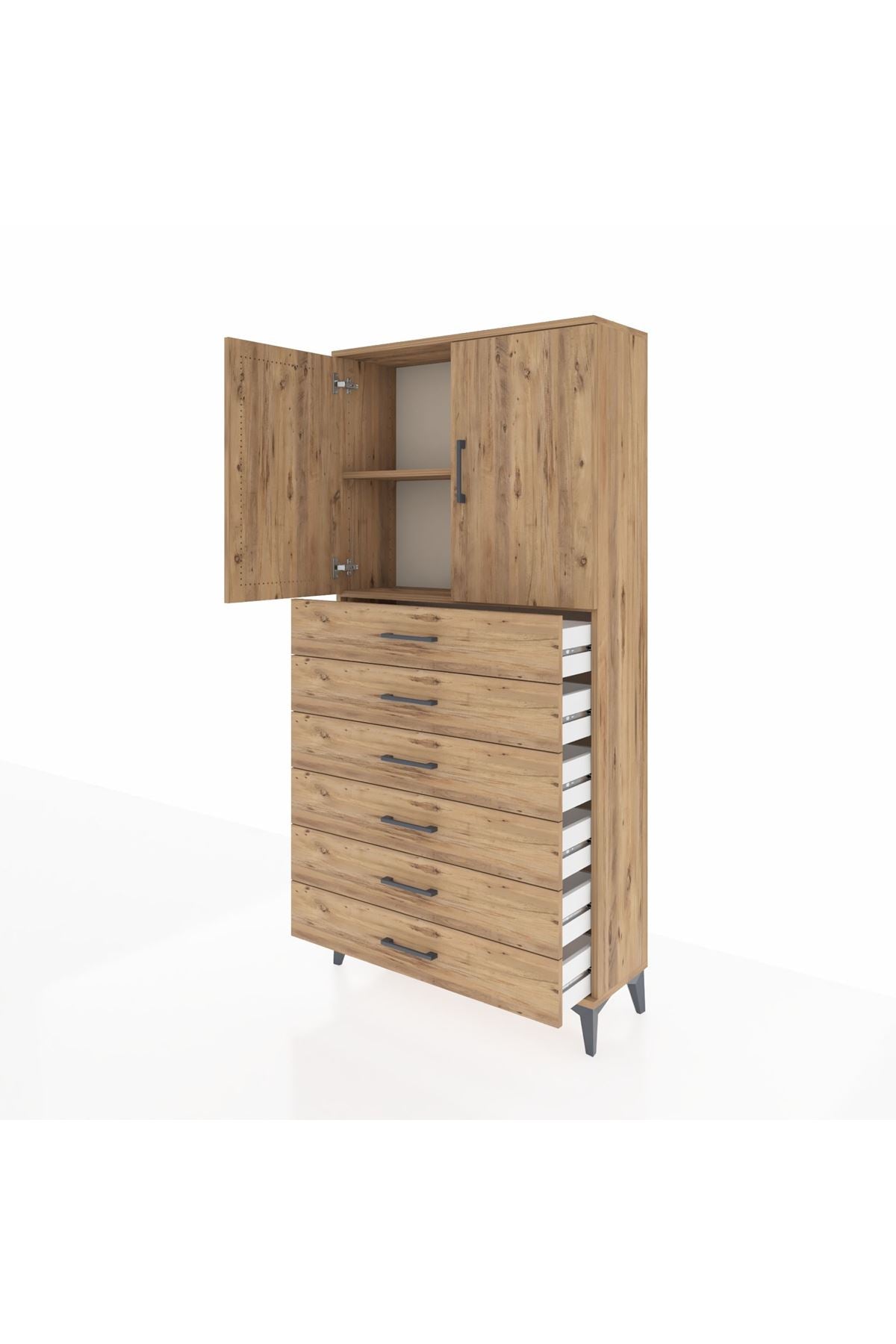 Arges Dolap 2 Raflı 6 Çekmeceli 2 Kapaklı 88x30x182 Çam-Çam