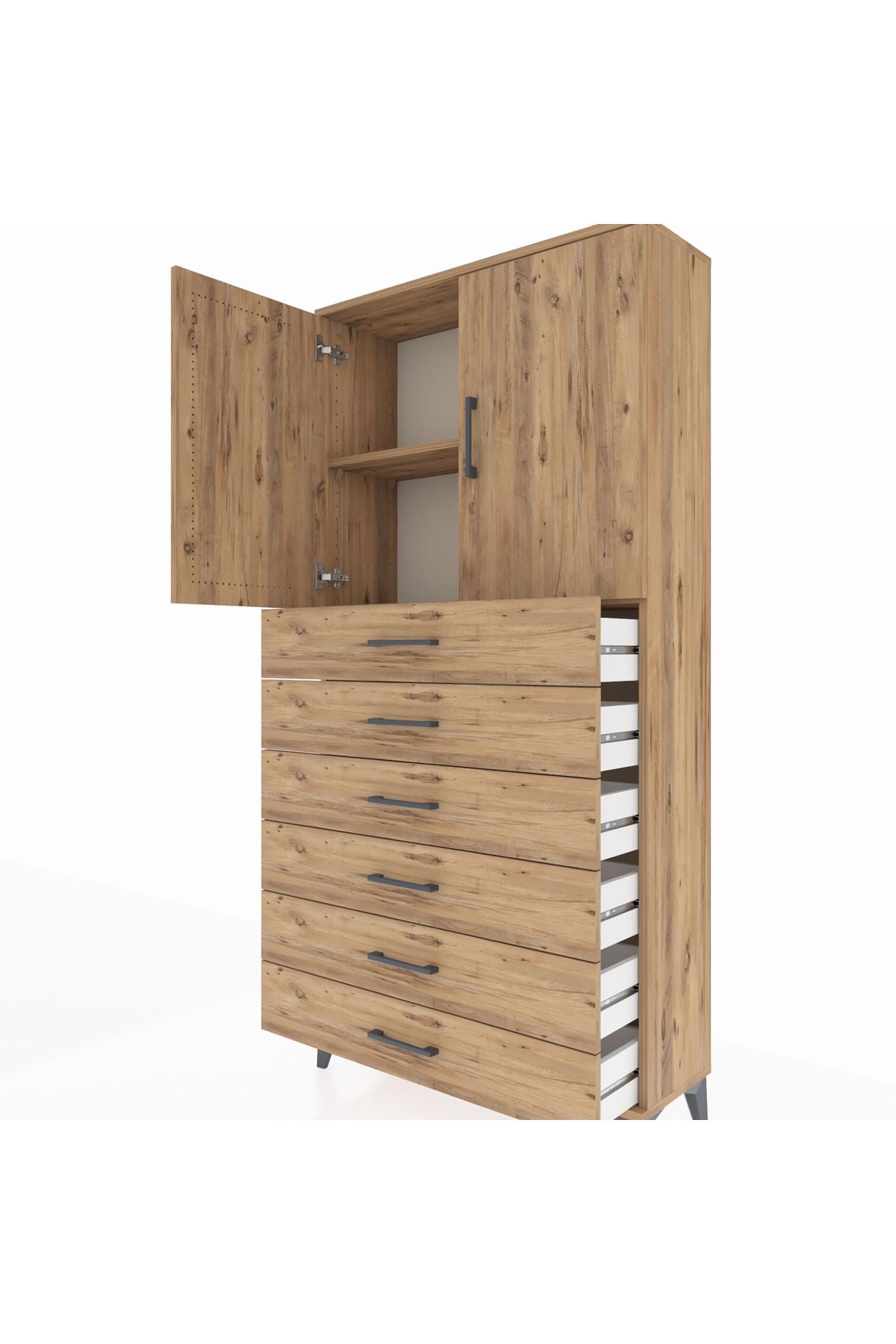 Arges Dolap 2 Raflı 6 Çekmeceli 2 Kapaklı 88x30x182 Çam-Çam