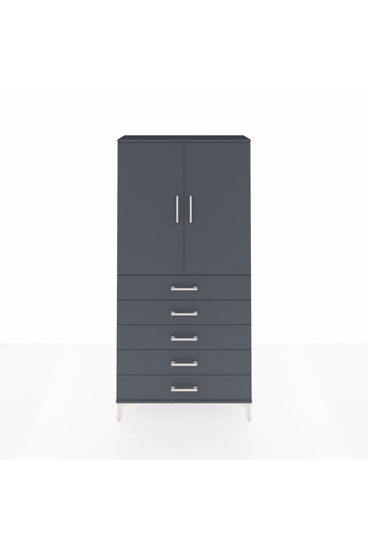 Arges Dolap 3 Raflı 5 Çekmeceli 2 Kapaklı 88x30x182 Antrasit-Antrasit