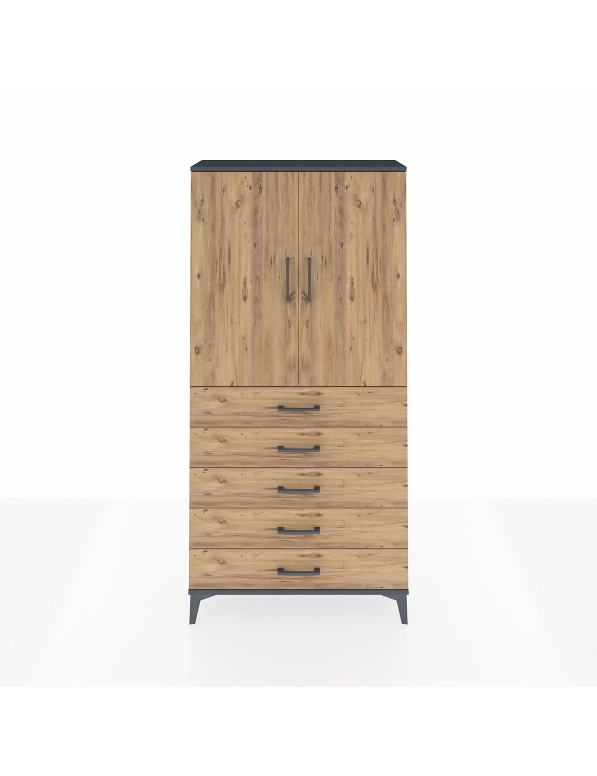 Arges Dolap 3 Raflı 5 Çekmeceli 2 Kapaklı 88x30x182 Antrasit-Çam