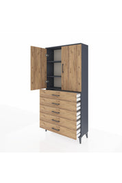 Arges Dolap 3 Raflı 5 Çekmeceli 2 Kapaklı 88x30x182 Antrasit-Çam