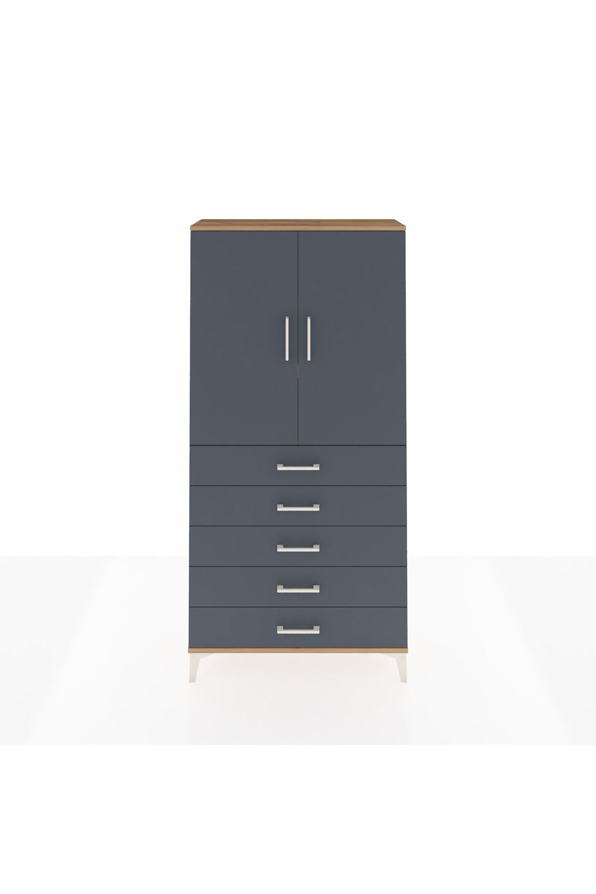 Arges Dolap 3 Raflı 5 Çekmeceli 2 Kapaklı 88x30x182 Çam-Antrasit