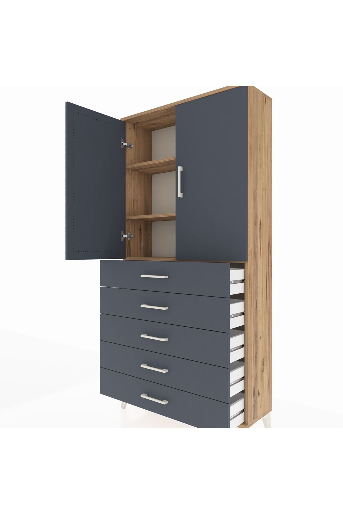 Arges Dolap 3 Raflı 5 Çekmeceli 2 Kapaklı 88x30x182 Çam-Antrasit