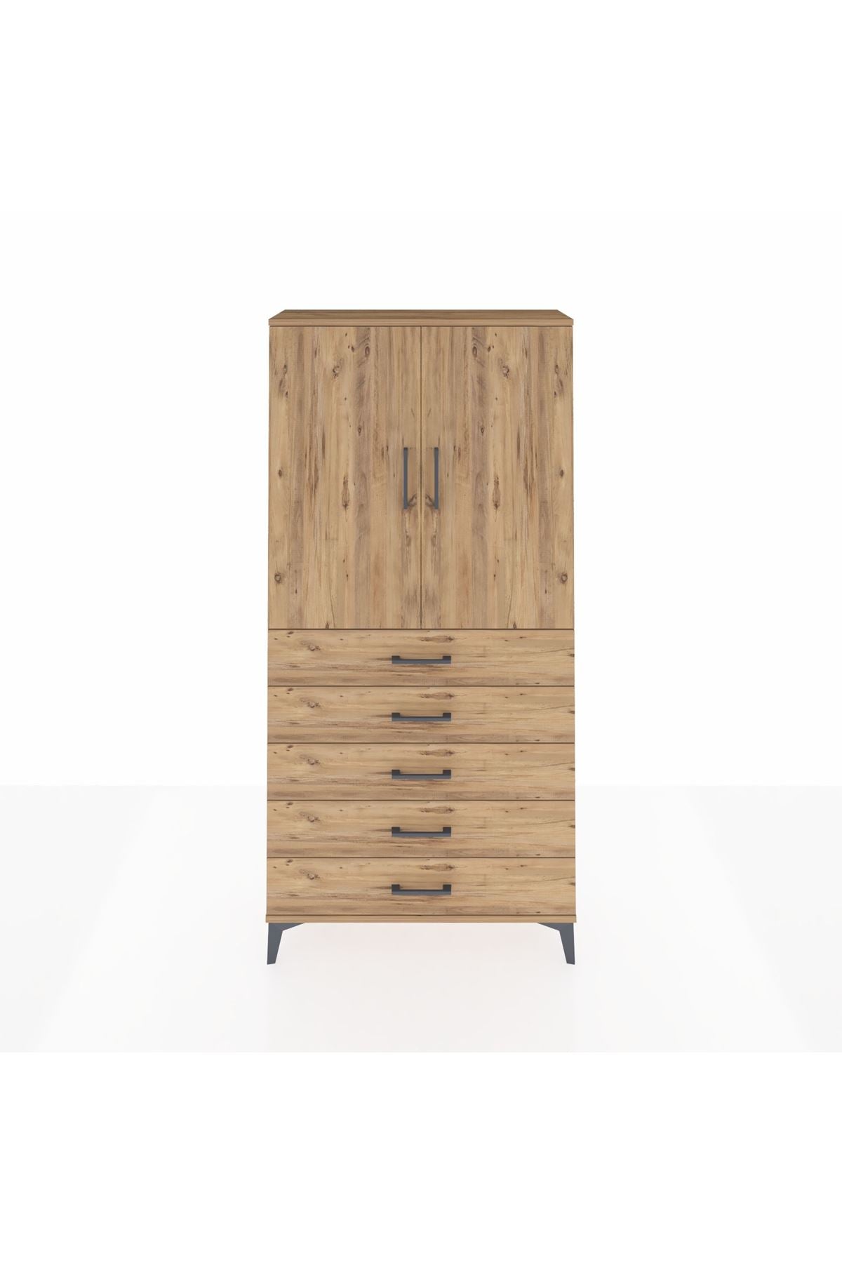 Arges Dolap 3 Raflı 5 Çekmeceli 2 Kapaklı 88x30x182 Çam-Çam