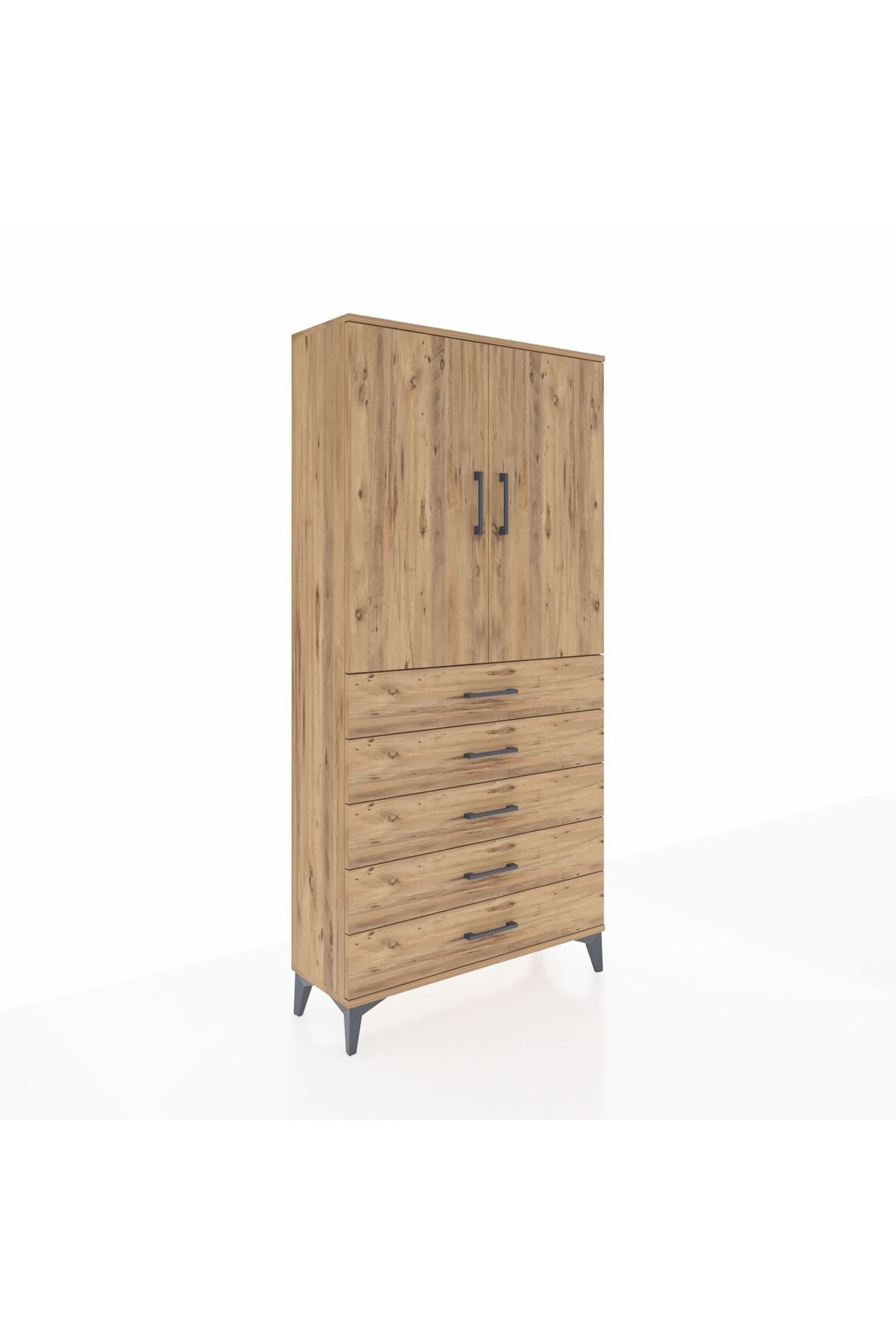 Arges Dolap 3 Raflı 5 Çekmeceli 2 Kapaklı 88x30x182 Çam-Çam