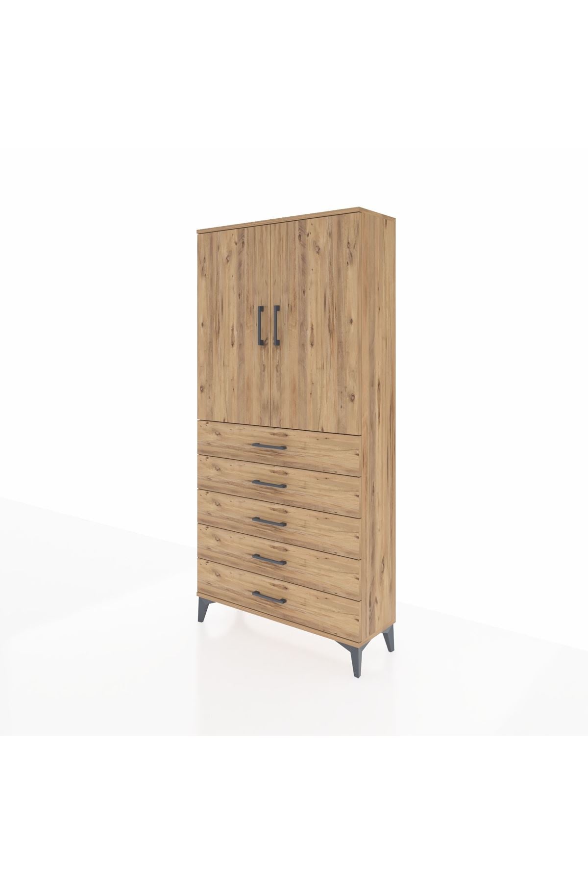 Arges Dolap 3 Raflı 5 Çekmeceli 2 Kapaklı 88x30x182 Çam-Çam