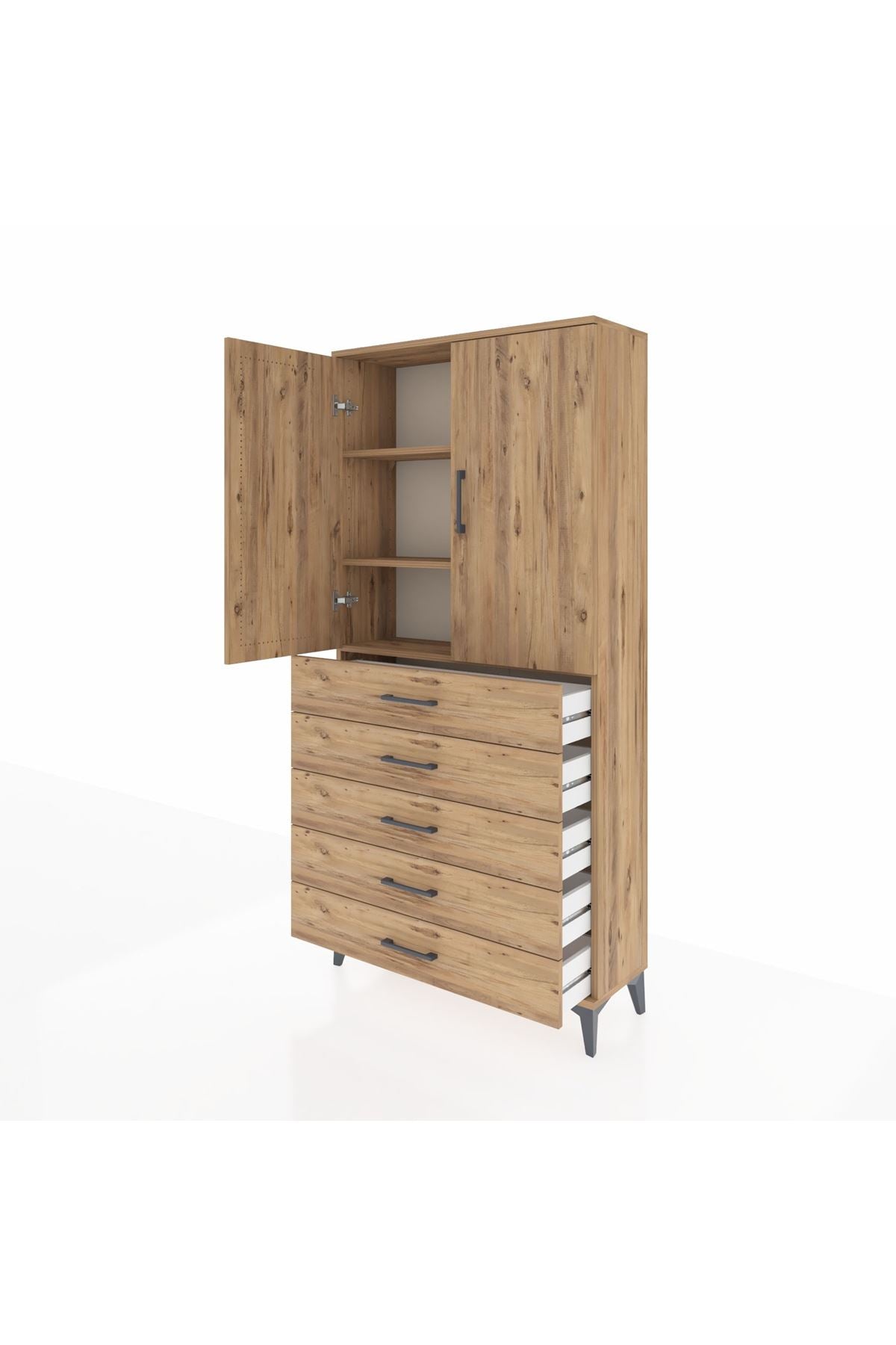 Arges Dolap 3 Raflı 5 Çekmeceli 2 Kapaklı 88x30x182 Çam-Çam