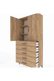 Arges Dolap 3 Raflı 5 Çekmeceli 2 Kapaklı 88x30x182 Çam-Çam