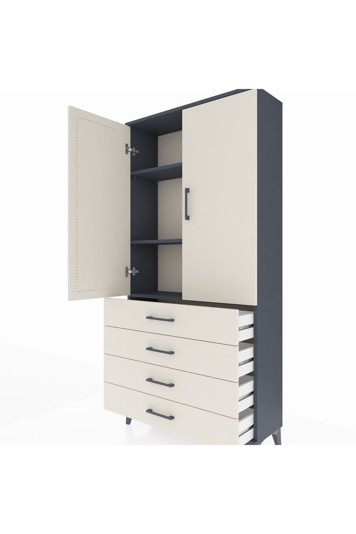 Arges Dolap 3 Raflı 4 Çekmeceli 2 Kapaklı 88x30x182 Antrasit-Aytaşı