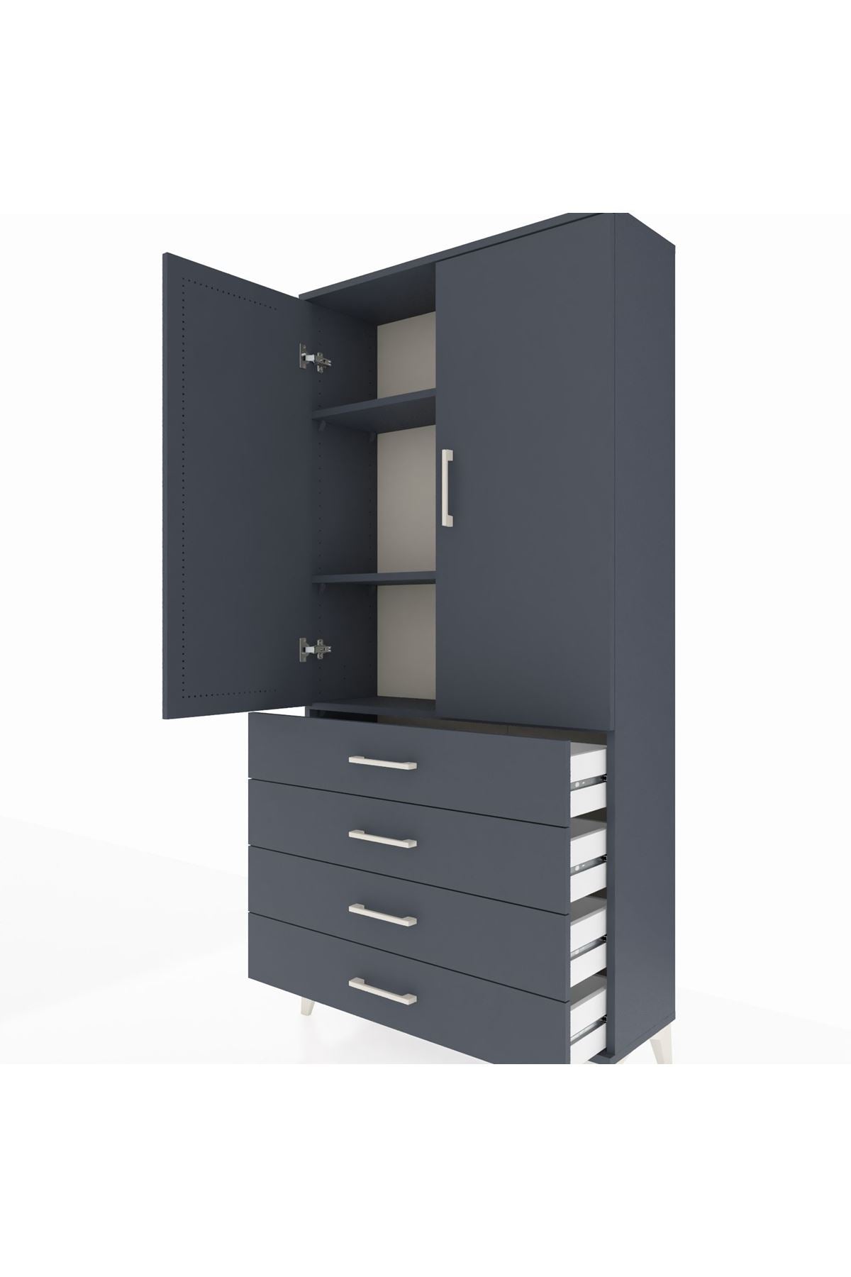 Arges Dolap 3 Raflı 4 Çekmeceli 2 Kapaklı 88x30x182 Antrasit-Antrasit