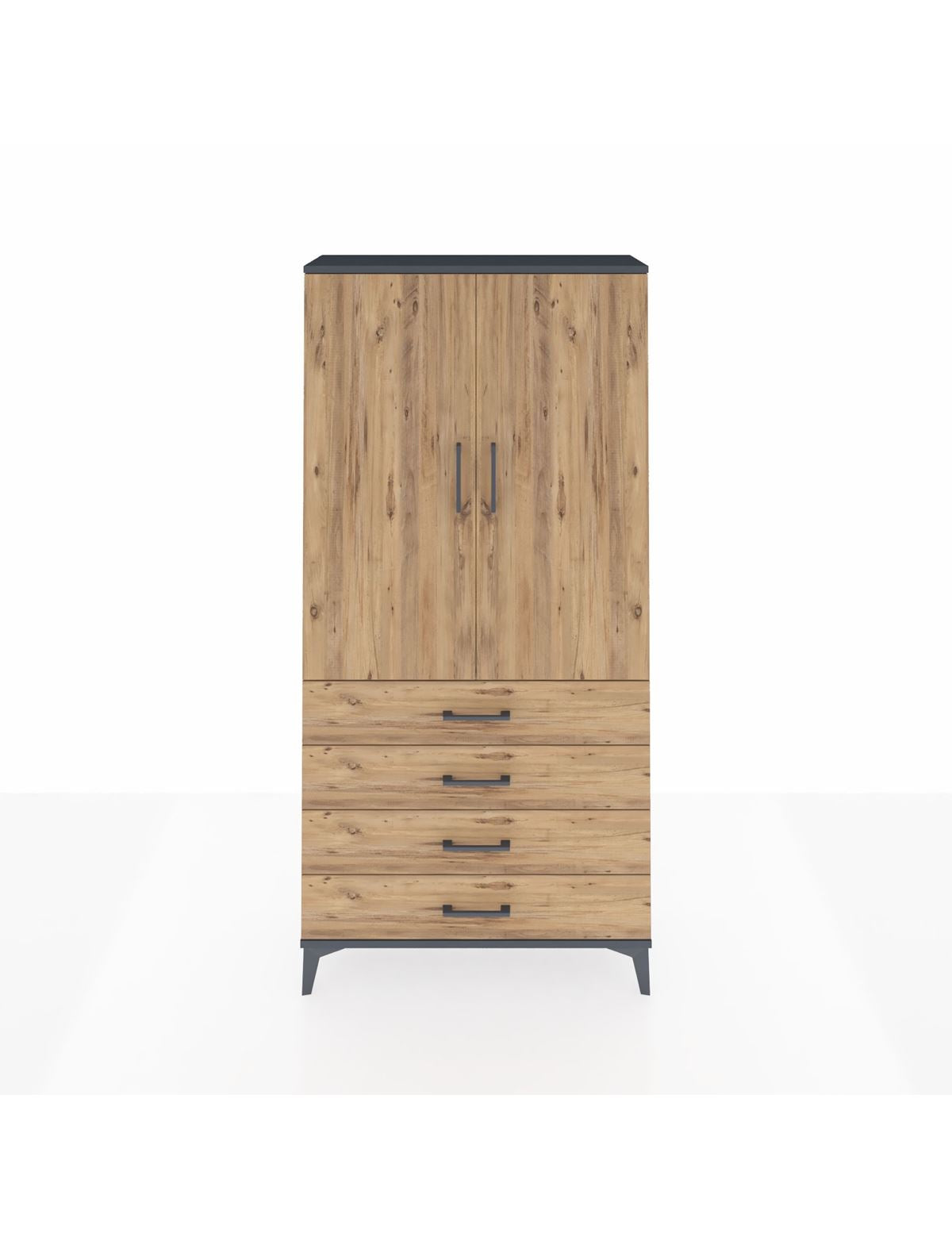 Arges Dolap 3 Raflı 4 Çekmeceli 2 Kapaklı 88x30x182 Antrasit-Çam