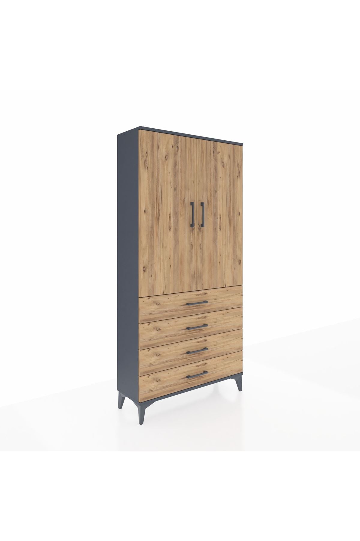 Arges Dolap 3 Raflı 4 Çekmeceli 2 Kapaklı 88x30x182 Antrasit-Çam