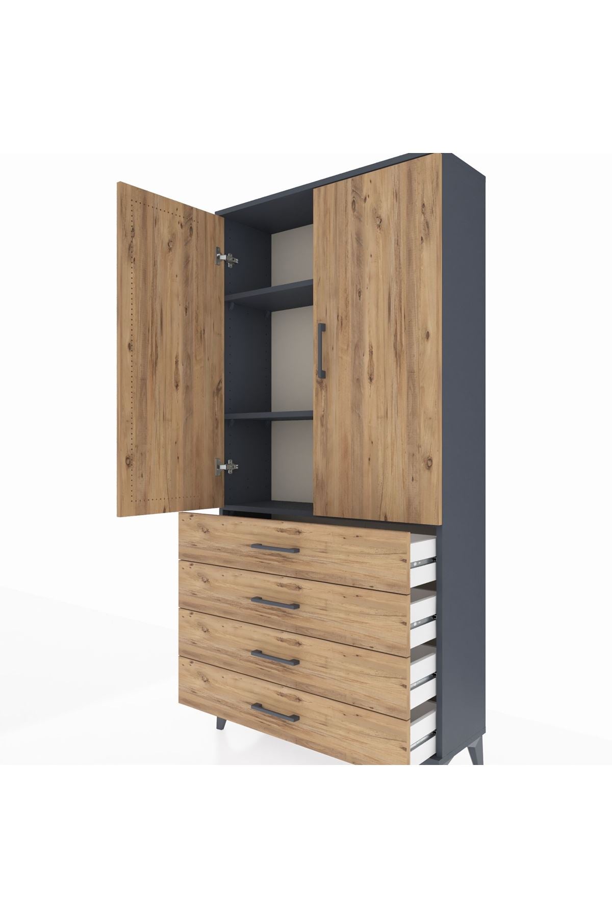 Arges Dolap 3 Raflı 4 Çekmeceli 2 Kapaklı 88x30x182 Antrasit-Çam